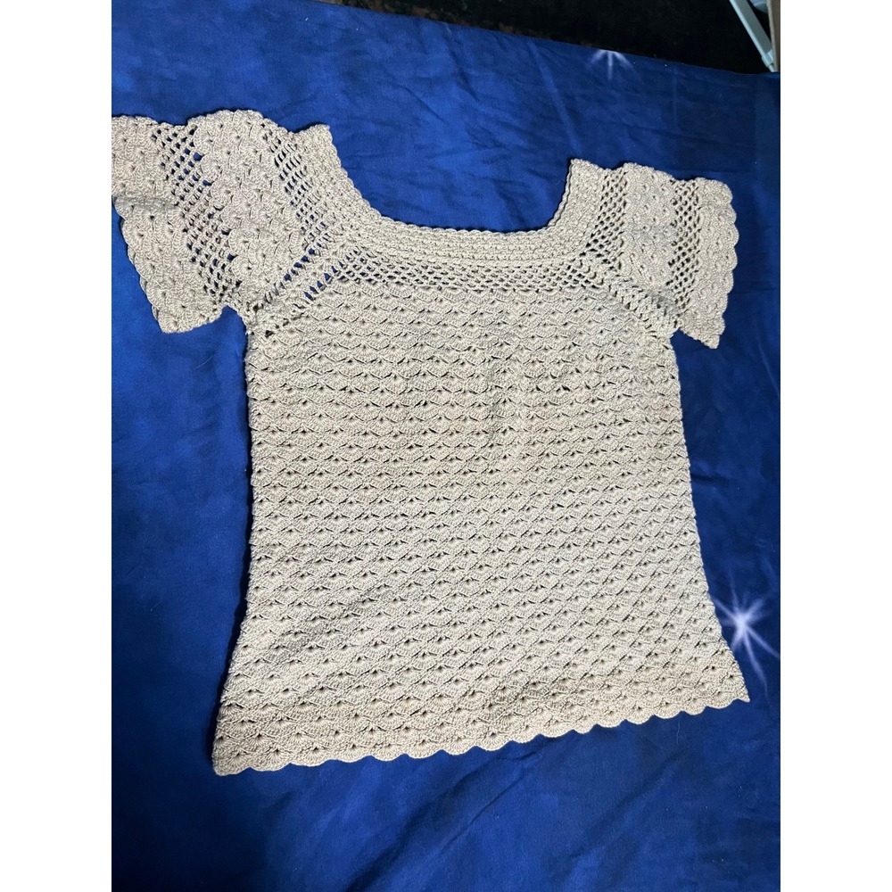 Handmade Crochet Top Beige Shell Stitch Short Sleeve Square Neck Boho A7